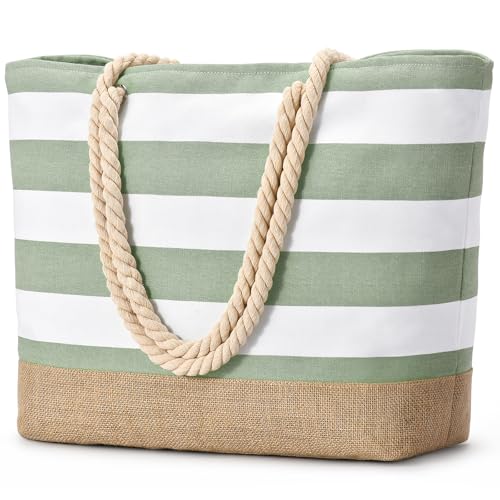 oscaurt Strandtasche XXL Familie Shopper Tasche Damen Badetasche Wasserdicht Umhängetasche Beach Tote Bag mit Reißverschluss Faltbare Reisetasche Sporttasche Travel Bag (Hellgrün) von oscaurt