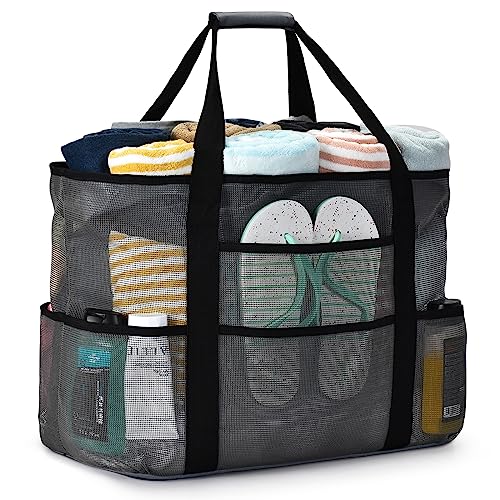 oscaurt Strandtasche XXL Familie Mesh Badetasche Damen mit Reißverschluss Faltbare Einkaufstasche Saunatasche Reisetasche Schwimmtasche für Strand Reisen von oscaurt