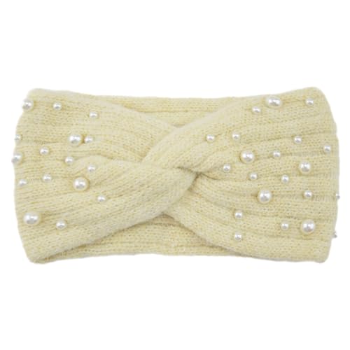 osiuujkw Gestricktes Perlen Stirnband für Damen, rutschfest, bequem und stilvoll, leichtes Polyester, neue Perlen gestrickte Kreuz Stirnbänder, Beige von osiuujkw