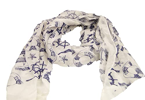 Damen Halstuch/Schal/Loopschal/Damen-Accessoires/martimes Muster/Ankermotiv/INSTYLE/Top Trend/osters muschel.sammler-shop (Schal Leuchtturm┼ Steuerrad┼Rettungsring blau/weiss) von osters muschel-sammler-shop