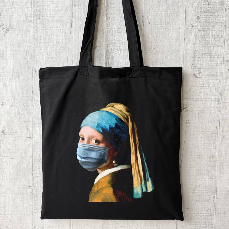 Schwarz Jutebeutel, Vermeer Jutebag, Totebag, Baumwolle Kunst Tasche, Girl With A Pearl Earring | Vermeer Face Mask von osttop