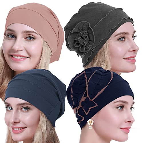 osvyo Baumwolle Chemo Hüte Soft Caps Krebs Kopfbedeckungen für Frauen Haarausfall versiegelt Verpackung BLAU-GRAU-BLAU GRAU-ROSA -4 STK. von osvyo
