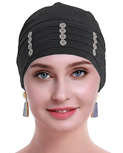 osvyo Chemo Kopfbedeckung Bambus für Damen, Chemo Kopftuch Turban für Frauen mit Blumenmotiv-Kopfbedeckung Mütze Kappen Dunkles FLECKENGRAU von osvyo