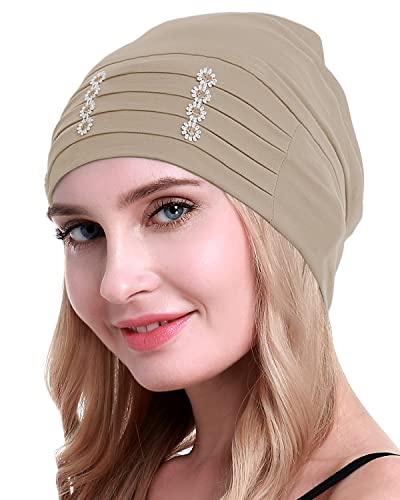 osvyo Chemo Kopfbedeckung Bambus für Damen, Chemo Kopftuch Turban für Frauen mit Blumenmotiv-Kopfbedeckung Mütze Kappen Tiefe Aprikose von osvyo