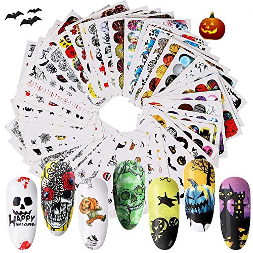 EBANKU 48 Blätter Nagel Sticker Nagel Aufkleber Fingernägel Nail Stamping Wasser Transfer Folie für Kinder Mädchen Frauen DIY Anfänger Nagelstudio - Halloween Schädel Clown Geist von EBANKU