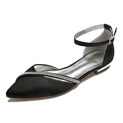 ottspu Braut Hochzeitsschuhe Flache geschlossene Zehenschnalle Satin Anlass Schuhe,Schwarz,41 EU von ottspu