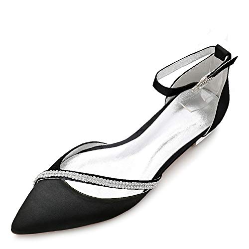 ottspu Braut Hochzeitsschuhe Flache geschlossene Zehenschnalle Satin Anlass Schuhe,Schwarz,42 EU von ottspu