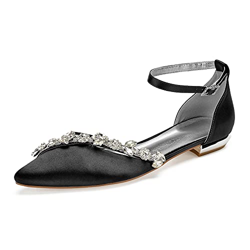 ottspu Brautschuhe Damen Flat Closed Toe Strass Satin Brautschuhe Größe 36-43,Schwarz,38 EU von ottspu