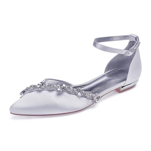 ottspu Brautschuhe Damen Flat Closed Toe Strass Satin Brautschuhe Größe 36-43,Weiß,39 EU von ottspu