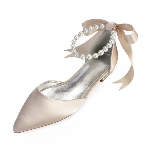 ottspu Brautschuhe Flache Geschlossene Zehen Satin Perle Hochzeitsschuhe Größe 36-43,Champagne,39 EU von ottspu