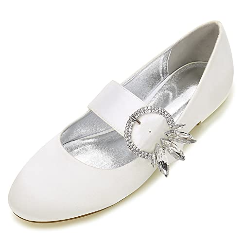 ottspu Frauen Hochzeitsschuhe Mary Jane Flat Shining Strass Closed Toe Satin Prom Schuhe Größe 36-43,Elfenbein,43 EU von ottspu