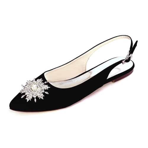 ottspu Hochzeitsschuhe Flats Für Braut Satin Glitzernde Kristall Spitzzehe Frauen Kleid Schuhe Für Besondere Anlässe,Schwarz,39 EU von ottspu