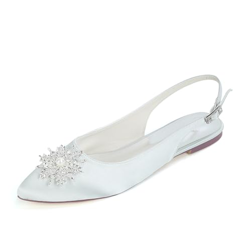 ottspu Hochzeitsschuhe Flats Für Braut Satin Glitzernde Kristall Spitzzehe Frauen Kleid Schuhe Für Besondere Anlässe,Silber,35 EU von ottspu