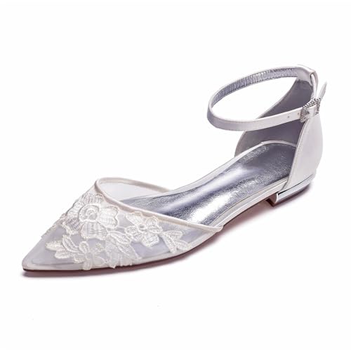 ottspu Mesh Applique Hochzeit Flats Für Braut Pointed Toe Formal Party Kleid Schuhe Flach,Weiß,39 EU von ottspu