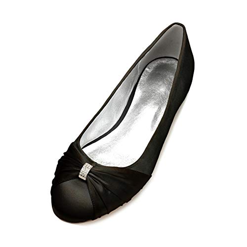 ottspu Satin Hochzeit Schuhe Flache Elfenbein Pumpen Runden Slip-on Brautschuhe,Schwarz,36 EU von ottspu