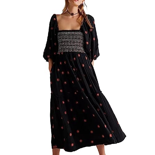 Damen Sommer Bohemian Sexy Quadrat Ausschnitt 3/4-Ärmel Gesmokt Hohe Taille Fließend A Linie Abgestuft Langes Maxikleid von oueyfer