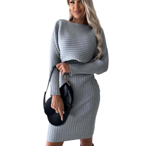 oueyfer 2-teiliges Herbst Pullover Set Für Damen Geripptes Strick Langarm O Ausschnitt Crop Top Und Ärmelloses Midi Bodycon Kleid Lässiges Outfit Bürokleidung von oueyfer