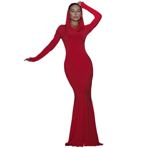 oueyfer Damen Herbstkleid Langärmelig Figurbetont Maxikleider Kapuzenpullover Einfarbig Figurbetontes Langes Kleid Lässiges Cocktailparty Kleid Cocktailparty Kleid Für Damen Abendparty von oueyfer