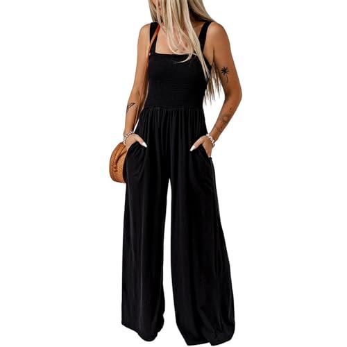 oueyfer Damen Overall Ärmellos Lockerer Overall Einfarbig Gesmokte Weites Bein Hose Strampler Spielanzug Mit Taschen Damen Hosenanzug von oueyfer