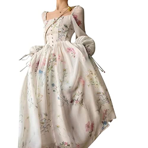 oueyfer Französisches Elegantes Blumenkleid mit eckigem Ausschnitt Chiffon Puffärmel Abendgesellschaftskleid Reißverschluss für den Strand-Alltag weißes Kleid mit eckigem Ausschnitt von oueyfer