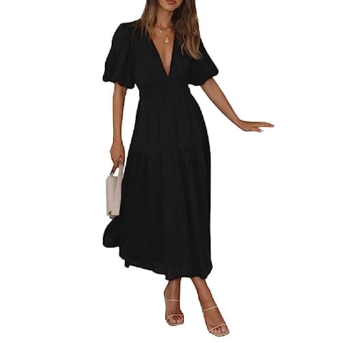 oueyfer Puffärmeliges Kleid Mit Röhrenoberteil Einfarbig Kleider Figurbetonte Rüschen Outfits Kleider Mit Tiefem V Ausschnitt Für Damen Geschlitztes Kleid von oueyfer