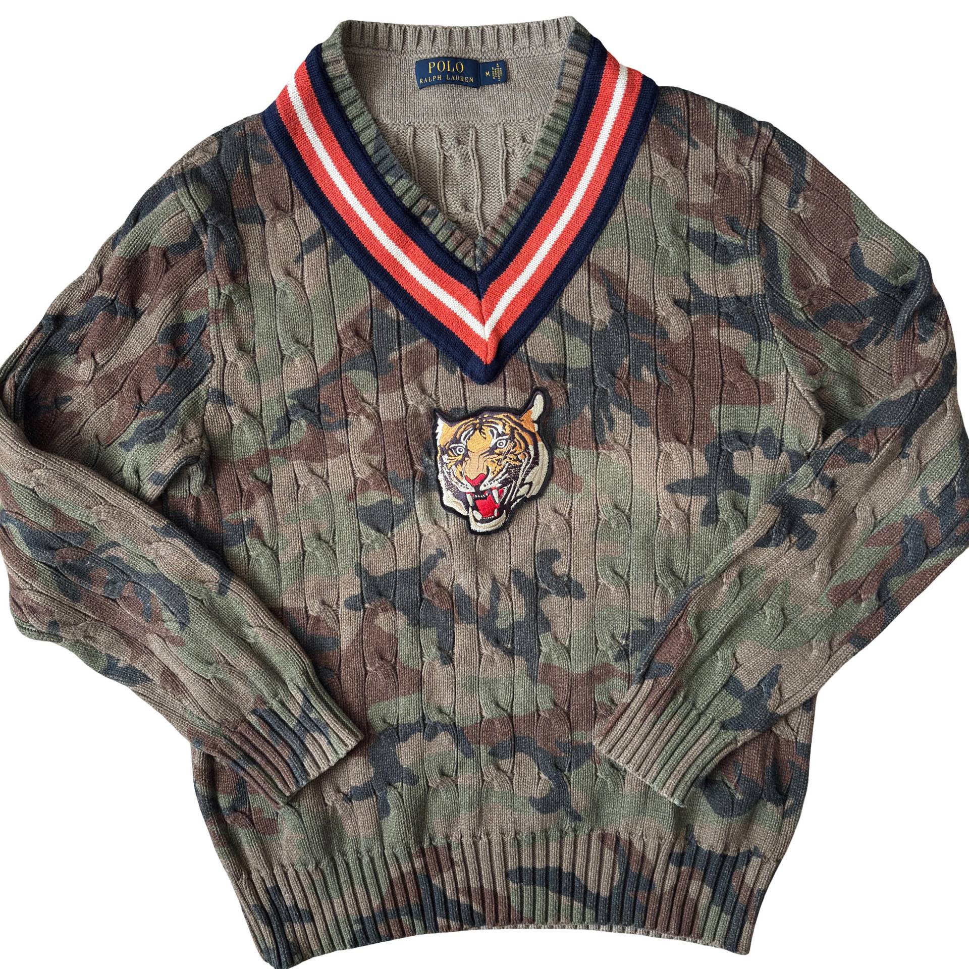 Polo Ralph Lauren Tiger Zopfmuster V-Ausschnitt Camo Sweater Gr.m von ourostore