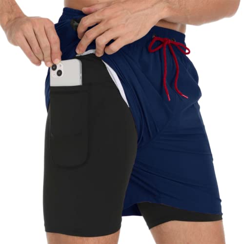 Badehose für Herren mit Kompression Mesh-Futter, 2 in 1 Schnelltrocknend Badeshorts Kurz, Verstellbar Tunnelzug Tasche Männer Schwimmhose Boardshorts für Strand Surf Sport Freizeit L Marine von outfit spring