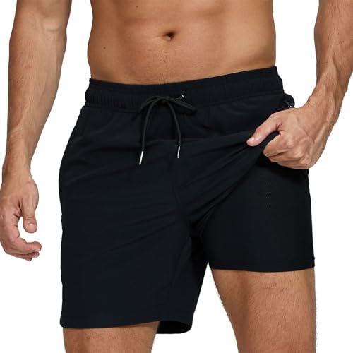 Badehose für Herren mit Kompression Mesh-Futter, 2 in 1 Schnelltrocknend Badeshorts Kurz, Verstellbar Tunnelzug Tasche Männer Schwimmhose Boardshorts für Strand Surf Sport Freizeit XL Schwarz von outfit spring