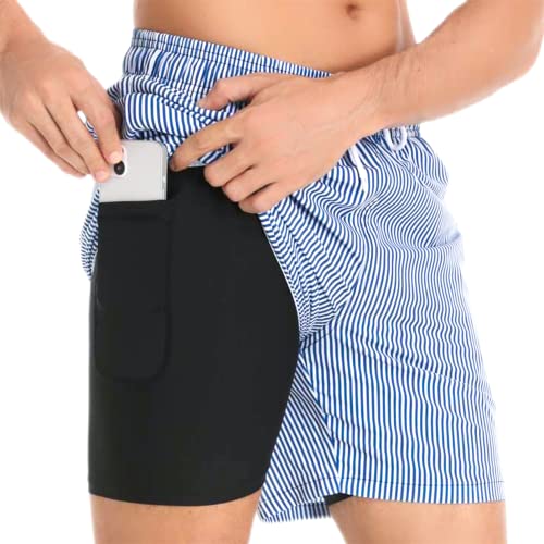 Badehose für Herren mit Kompression Mesh-Futter, 2 in 1 Schnelltrocknend Badeshorts Kurz, Verstellbar Tunnelzug Tasche Männer Schwimmhose Boardshorts für Strand Surf Sport L Blau Weiß Streifen von outfit spring