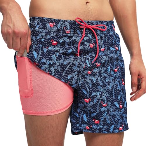 Badehose für Herren mit Kompression Mesh-Futter, 2 in 1 Schnelltrocknend Badeshorts Kurz, Verstellbar Tunnelzug Tasche Männer Schwimmhose Boardshorts für Strand Surf Sport M Kokosflamingo Blau von outfit spring