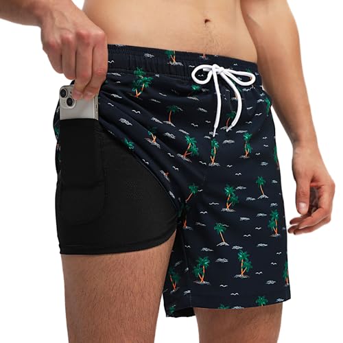 Badehose für Herren mit Kompression Mesh-Futter, 2 in 1 Schnelltrocknend Badeshorts Kurz, Verstellbar Tunnelzug Tasche Männer Schwimmhose Boardshorts für Strand Surf Sport S Kokospalmen Marine von outfit spring