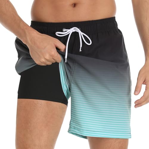 Badehose für Herren mit Kompression Mesh-Futter, 2 in 1 Schnelltrocknend Badeshorts Kurz, Verstellbar Tunnelzug Tasche Männer Schwimmhose Boardshorts für Strand Surf Sport S Schwarz Grün Verlauf von outfit spring