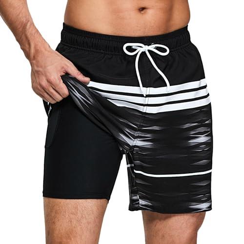 Badehose für Herren mit Kompression Mesh-Futter, 2 in 1 Schnelltrocknend Badeshorts Kurz, Verstellbar Tunnelzug Tasche Männer Schwimmhose Boardshorts für Strand Surf Sport S Streifen Schwarz von outfit spring