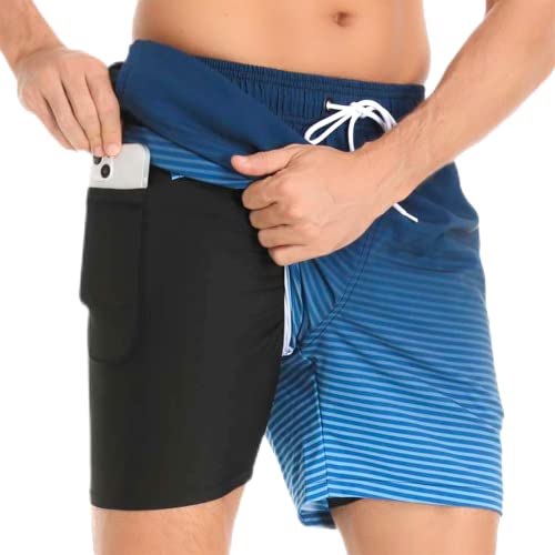 Badehose für Herren mit Kompression Mesh-Futter, 2 in 10 Schnelltrocknend Badeshorts Kurz, Verstellbar Tunnelzug Tasche Männer Schwimmhose Boardshorts für Strand Surf Sport XXL Schwarz Blau Verlauf von outfit spring