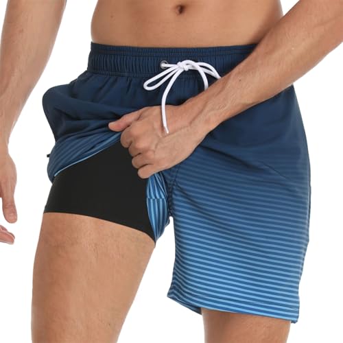 Badehose für Herren mit Kompression Mesh-Futter, 2 in 10 Schnelltrocknend Badeshorts Kurz, Verstellbar Tunnelzug Tasche Männer Schwimmhose Boardshorts für Strand Surf Sport XXL Schwarz Blau Verlauf von outfit spring