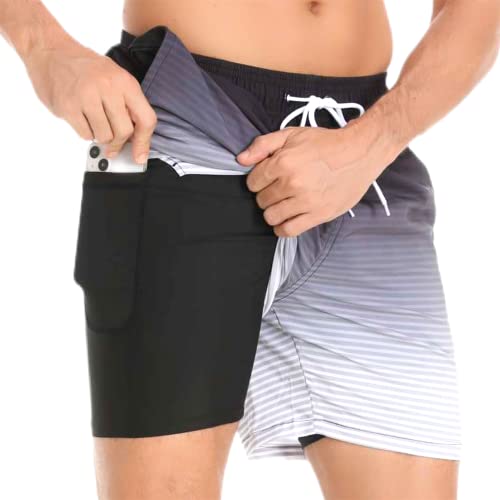 Badehose für Herren mit Kompression Mesh-Futter, 2 in 11 Schnelltrocknend Badeshorts Kurz, Verstellbar Tunnelzug Tasche Männer Schwimmhose Boardshorts für Strand Surf Sport S Schwarz Grau Verlauf von outfit spring