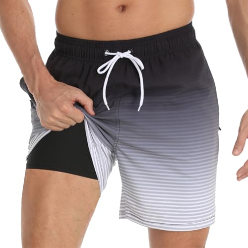 Badehose für Herren mit Kompression Mesh-Futter, 2 in 13 Schnelltrocknend Badeshorts Kurz, Verstellbar Tunnelzug Tasche Männer Schwimmhose Boardshorts für Strand Surf Sport L Schwarz Grau Verlauf von outfit spring