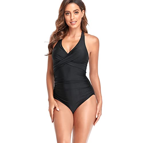 Damen Badeanzug V Ausschnitt Bademode Einteilige Push up Bauchweg Swimsuit Raffung Neckholder Monokini Triangel Cut Out Figurformend Schwimmanzug Schlankheits Badebekleidung Crossover Schwarz M von outfit spring