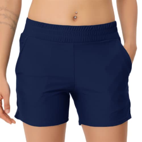 Damen Badeshorts Badehose Kurze Schnell Trocknend Boardshorts Hohe Taille Gummibund Schwimmshorts Schwimmhose Bikinihose mit Taschen für Sommer Strand Wassersport L Freizeit Marine von outfit spring