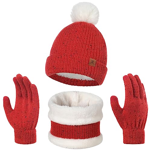 Kinder Wintermütze Schal Handschuhe, Warme Winter Strickmütze Bommel Beanie Weich Dicken Fleece Futter Schlauchschal Winterhandschuhe Hut 3 Stück Set für Mädchen Jungen Kleinkind 3-8 Jahre Rot von outfit spring