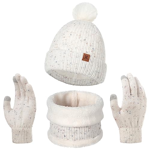 Kinder Wintermütze Schal Handschuhe, Warme Winter Strickmütze Bommel Beanie Weich Dicken Fleece Futter Schlauchschal Winterhandschuhe Hut 3 Stück Set für Mädchen Jungen Kleinkind 3-8 Jahre Weiß von outfit spring