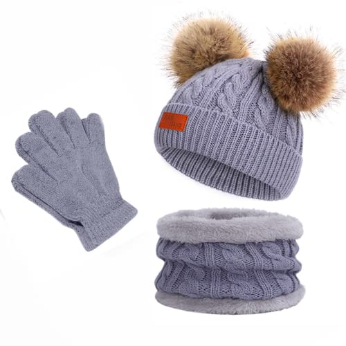 Kinder Wintermütze Schal Handschuhe 3PC Set, Warme Winter Bommel Strickmütze Beanie Weich Dicke Fleece Futter Loopschal Kinderhandschuh Set für Mädchen Jungen Kind Geschenke (Hanfmuster Grau) von outfit spring