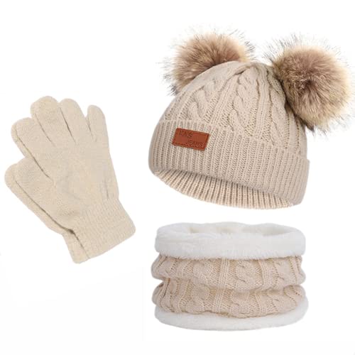 Kinder Wintermütze Schal Handschuhe 3PC Set, Warme Winter Bommel Strickmütze Beanie Weich Dicke Fleece Futter Loopschal Kinderhandschuh Set für Mädchen Jungen Kind Geschenke (Hanfmuster Khaki) von outfit spring
