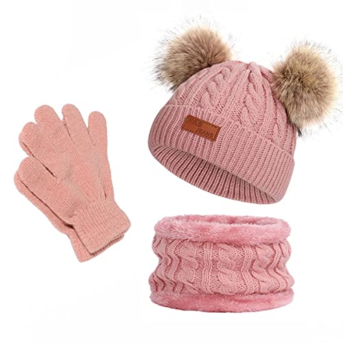 Kinder Wintermütze Schal Handschuhe 3PC Set, Warme Winter Bommel Strickmütze Beanie Weich Dicke Fleece Futter Loopschal Kinderhandschuh Set für Mädchen Jungen Kind Geschenke (Hanfmuster Rosa) von outfit spring