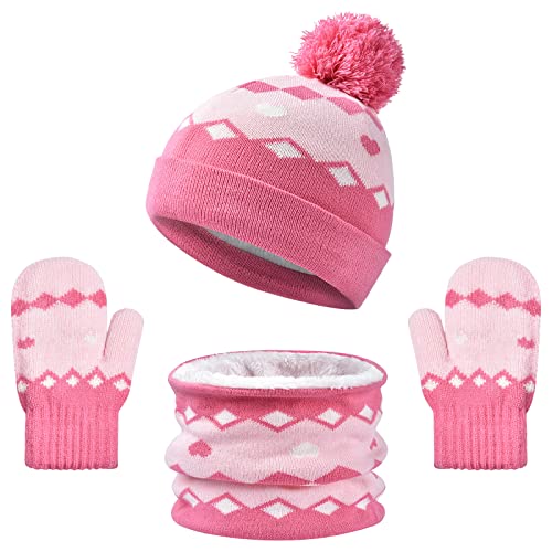 Kinder Wintermütze Schal Handschuhe 3PC Set, Warme Winter Bommel Strickmütze Beanie Weich Dicke Fleece Futter Loopschal Kinderhandschuh Set für Mädchen Jungen Kind Geschenke (Muster Rosa) von outfit spring