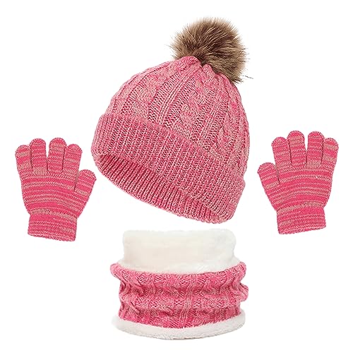 Kinder Wintermütze Schal Handschuhe 3PC Set, Warme Winter Bommel Strickmütze Beanie Weich Dicke Fleece Futter Loopschal Kinderhandschuh Set für Mädchen Jungen Kind Geschenke (Pom Dunkelrosa) von outfit spring