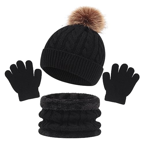 Kinder Wintermütze Schal Handschuhe 3PC Set, Warme Winter Bommel Strickmütze Beanie Weich Dicke Fleece Futter Loopschal Kinderhandschuh Set für Mädchen Jungen Kind Geschenke (Pom Schwarz) von outfit spring