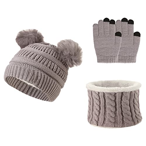 Kinder Wintermütze Schal Handschuhe 3PC Set, Warme Winter Bommel Strickmütze Beanie Weich Dicke Fleece Futter Loopschal Kinderhandschuh Set für Mädchen Jungen Kind Geschenke (Streifen Grau) von outfit spring