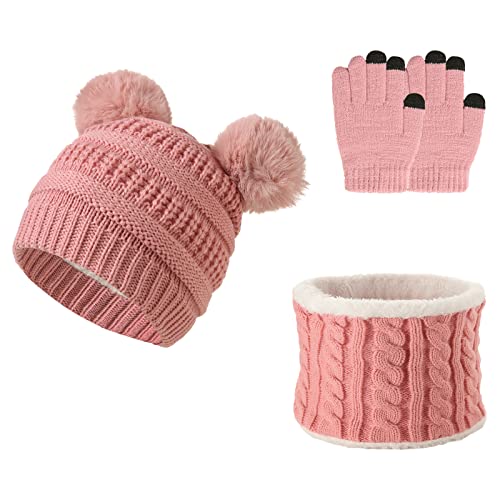 Kinder Wintermütze Schal Handschuhe 3PC Set, Warme Winter Bommel Strickmütze Beanie Weich Dicke Fleece Futter Loopschal Kinderhandschuh Set für Mädchen Jungen Kind Geschenke (Streifen Rosa) von outfit spring
