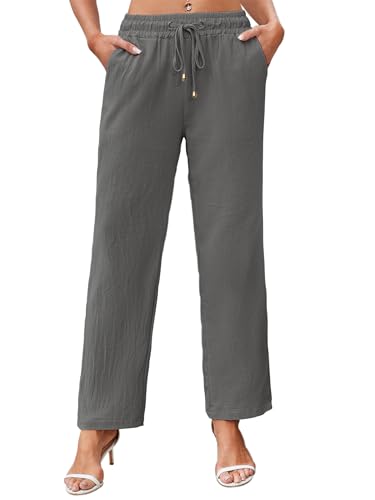 Leinenhose Damen Leichte Sommerhose Damen Luftig Strandhose Damen Lang Freizeithose Schlupfhose Stoffhose Damen Sommer Hose Hohe Taille Kordelzug Casual Elegant Leinen Pants S-XXL Grau M von outfit spring